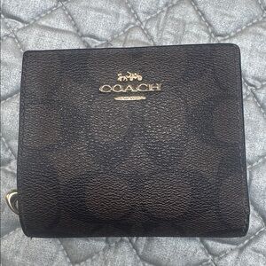 Coach Brown Black Signature Small Zip Around Button Wallet